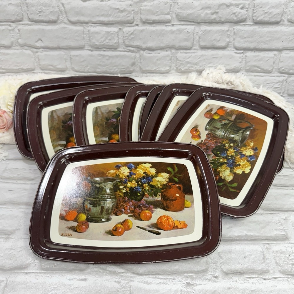 Vtg‎ Metal Autumn TV Food Trays Fruits Flowers  Farmhouse Cottagecore Set Of 8